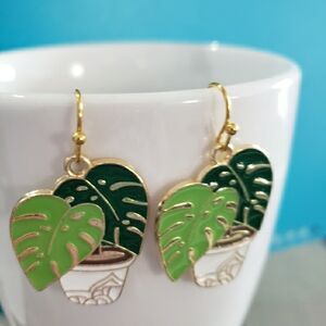 Tropical Green and Gold Leaf Earrings